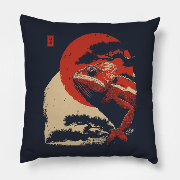 Ukiyo-e Chameleon - Japanese Retro Reptile Art Pillow by TuncGK