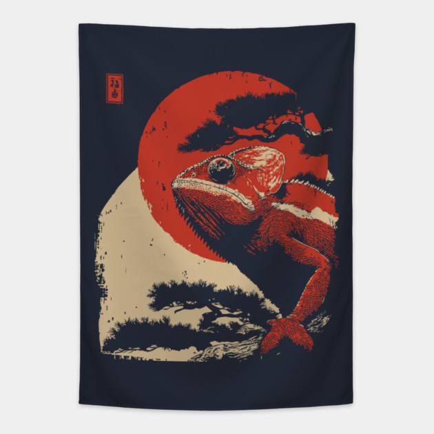 Ukiyo-e Chameleon - Japanese Retro Reptile Art Tapestry by TuncGK