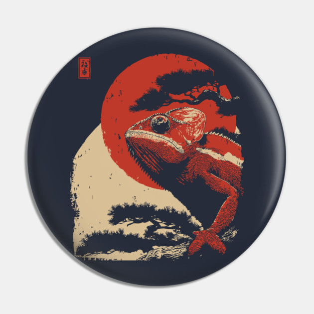 Ukiyo-e Chameleon - Japanese Retro Reptile Art Pin by TuncGK