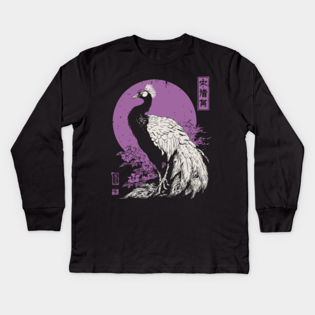 Elegant Peacock - Japanese Garden Bird Art Kids Long Sleeve T-Shirt by TuncGK