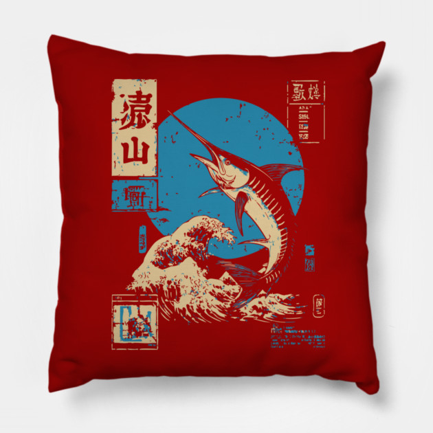 Japanese Wave Marlin - Ukiyo-e Fishing Art Pillow by TuncGK