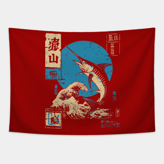 Japanese Wave Marlin - Ukiyo-e Fishing Art Tapestry by TuncGK
