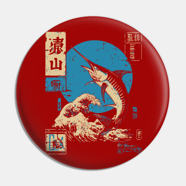 Japanese Wave Marlin - Ukiyo-e Fishing Art Pin by TuncGK