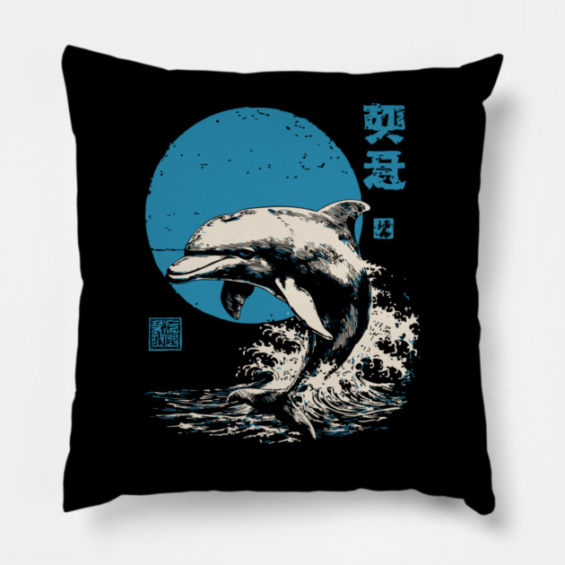 Retro Dolphin - 90s Style Japanese Wave Art Pillow by TuncGK