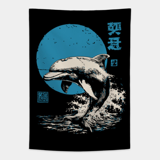 Retro Dolphin - 90s Style Japanese Wave Art Tapestry by TuncGK