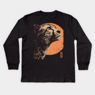 Vintage Cheetah Portrait - Retro Japanese Style Art Kids Long Sleeve T-Shirt