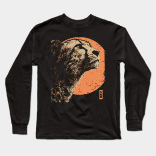 Vintage Cheetah Portrait - Retro Japanese Style Art Long Sleeve T-Shirt