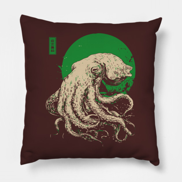 Emerald Octopus - Japanese Retro Sea Monster Pillow by TuncGK