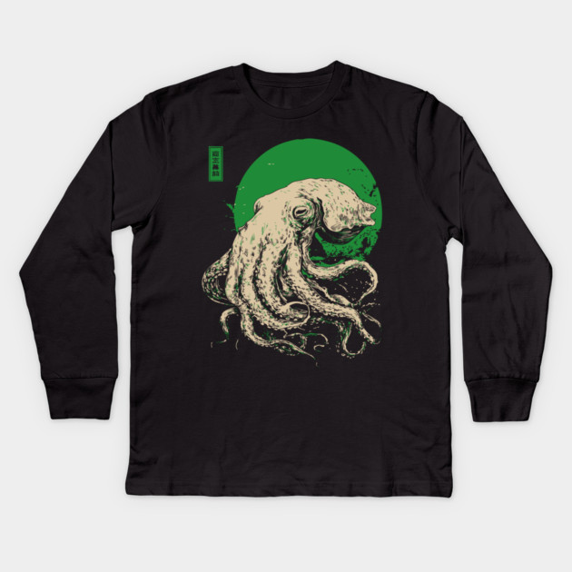 Emerald Octopus - Japanese Retro Sea Monster Kids Long Sleeve T-Shirt by TuncGK