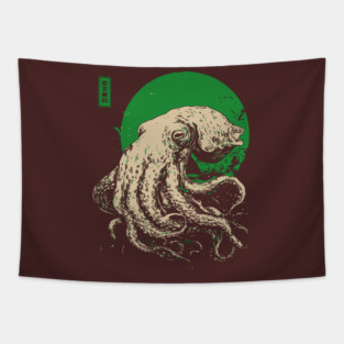 Emerald Octopus - Japanese Retro Sea Monster Tapestry