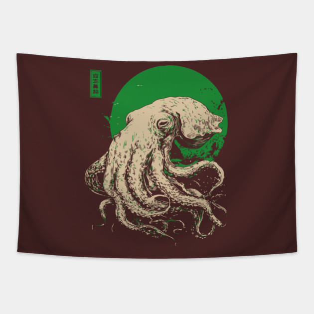 Emerald Octopus - Japanese Retro Sea Monster Tapestry by TuncGK
