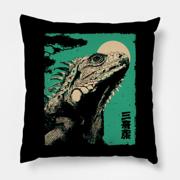 Vintage Iguana - Retro Japanese Reptile Portrait Pillow by TuncGK