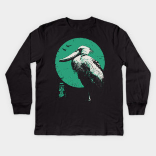 Zen Shoebill - Japanese Ink Wash Style Bird Kids Long Sleeve T-Shirt