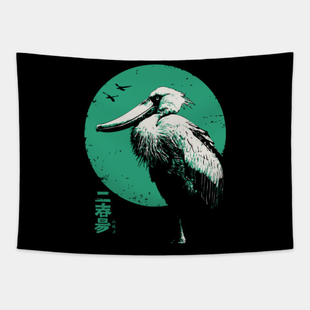 Zen Shoebill - Japanese Ink Wash Style Bird Tapestry by TuncGK