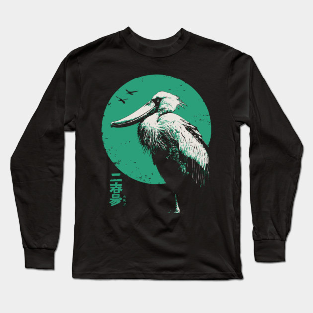 Zen Shoebill - Japanese Ink Wash Style Bird Long Sleeve T-Shirt by TuncGK