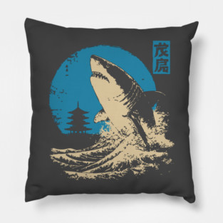 Great White Shark - Japanese Ukiyo-e Wave Art Pillow