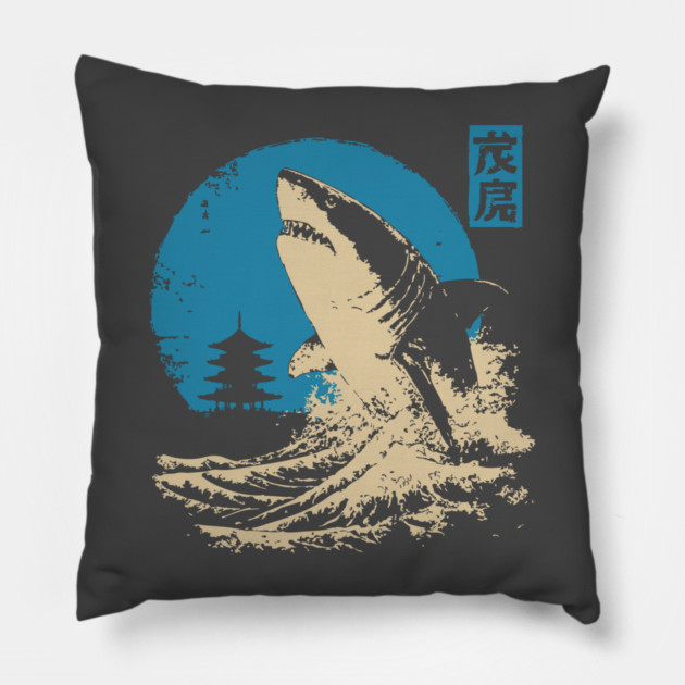 Great White Shark - Japanese Ukiyo-e Wave Art Pillow by TuncGK