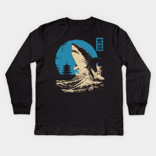 Great White Shark - Japanese Ukiyo-e Wave Art Kids Long Sleeve T-Shirt