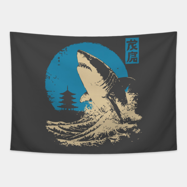 Great White Shark - Japanese Ukiyo-e Wave Art Tapestry by TuncGK
