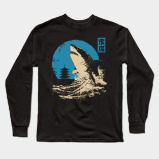 Great White Shark - Japanese Ukiyo-e Wave Art Long Sleeve T-Shirt