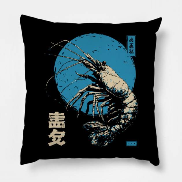 Ukiyo-e Shrimp - Quirky Japanese Seafood Art Pillow by TuncGK