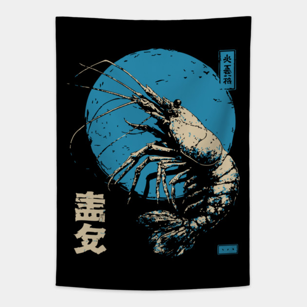 Ukiyo-e Shrimp - Quirky Japanese Seafood Art Tapestry by TuncGK
