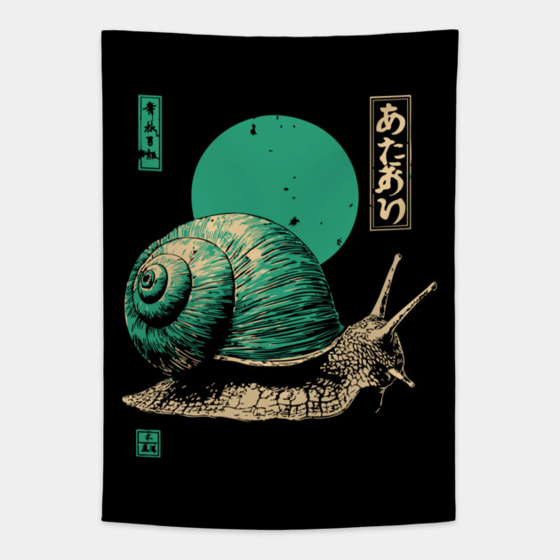 Zen Garden Teal Snail - Japanese Ukiyo-e Style Tapestry by TuncGK