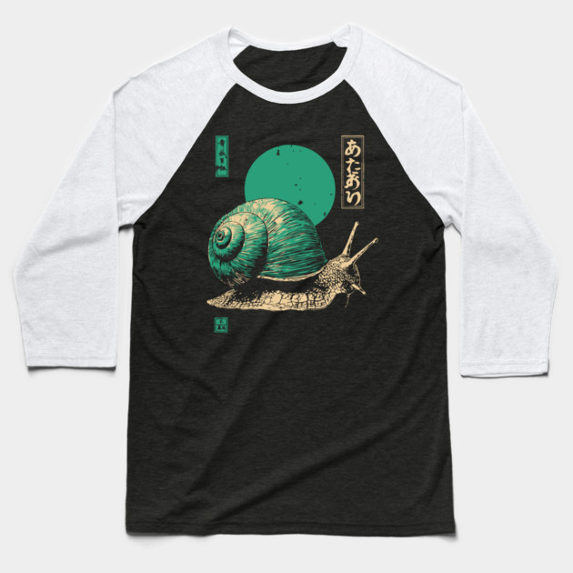 Zen Garden Teal Snail - Japanese Ukiyo-e Style Baseball T-Shirt by TuncGK