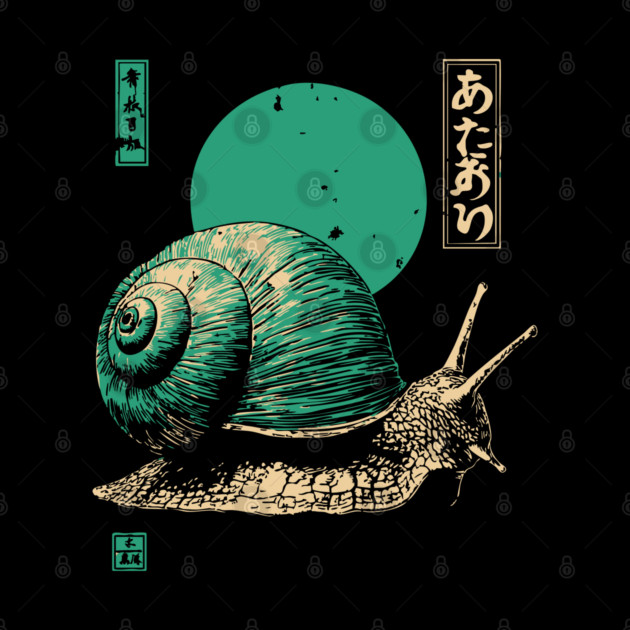 Zen Garden Teal Snail - Japanese Ukiyo-e Style by TuncGK