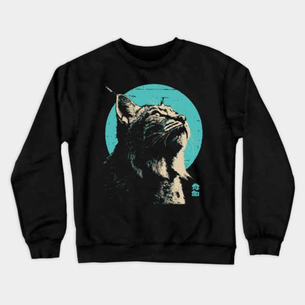 Retro Lynx Art - Japanese Style Wild Cat Crewneck Sweatshirt by TuncGK