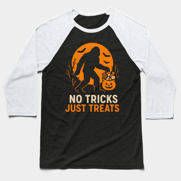 No Tricks Just Treats Bigfoot Halloween Costume Graphic Baseball T-Shirt by MakerMind8.2