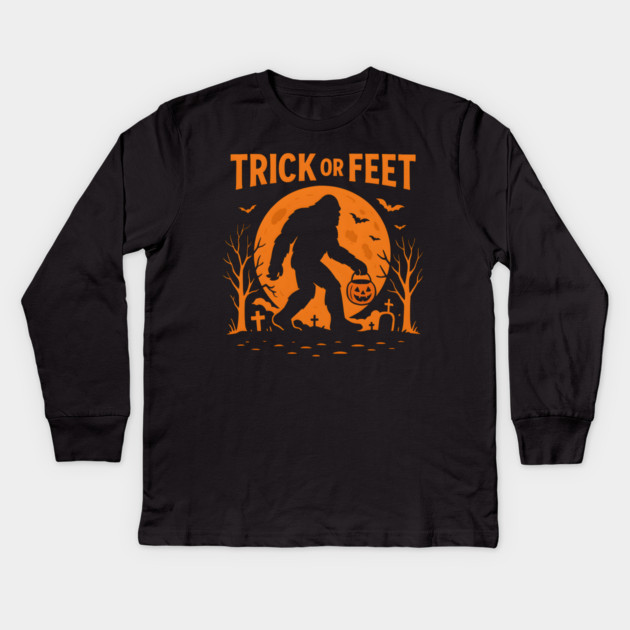 Trick or Feet Bigfoot Halloween Costume Pun Graphic Kids Long Sleeve T-Shirt by MakerMind8.2