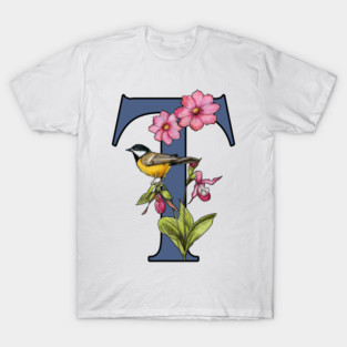 LETTER T, Initial, Monogram, BIRD, Flowers, Ladyslipper, Cosmos, Pink T-Shirt