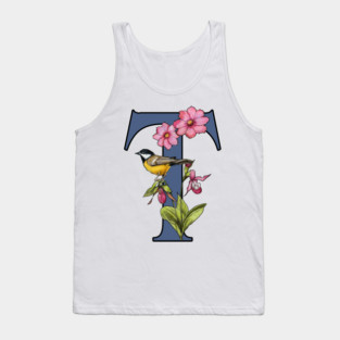 LETTER T, Initial, Monogram, BIRD, Flowers, Ladyslipper, Cosmos, Pink Tank Top