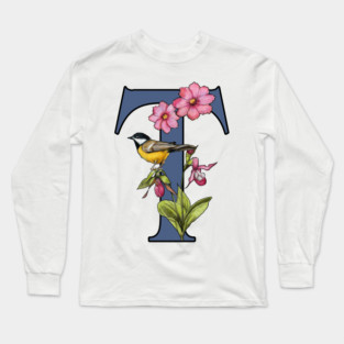 LETTER T, Initial, Monogram, BIRD, Flowers, Ladyslipper, Cosmos, Pink Long Sleeve T-Shirt