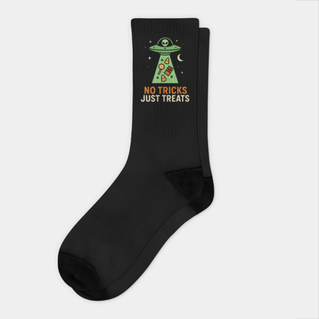 No Tricks Just Treats Alien UFO Halloween Artwork Socks by MakerMind8.2