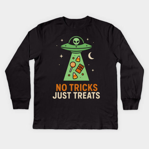 No Tricks Just Treats Alien UFO Halloween Artwork Kids Long Sleeve T-Shirt by MakerMind8.2