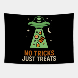 No Tricks Just Treats Alien UFO Halloween Artwork Tapestry