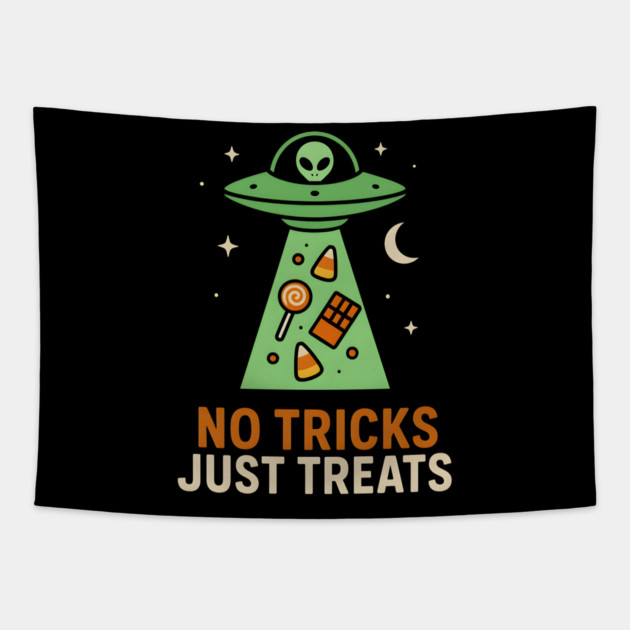 No Tricks Just Treats Alien UFO Halloween Artwork Tapestry by MakerMind8.2