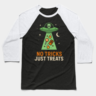 No Tricks Just Treats Alien UFO Halloween Artwork Baseball T-Shirt