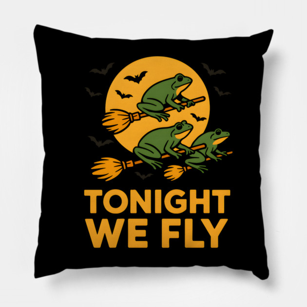 Tonight We Fly Funny Frog Halloween Artwork Pillow by MakerMind8.2