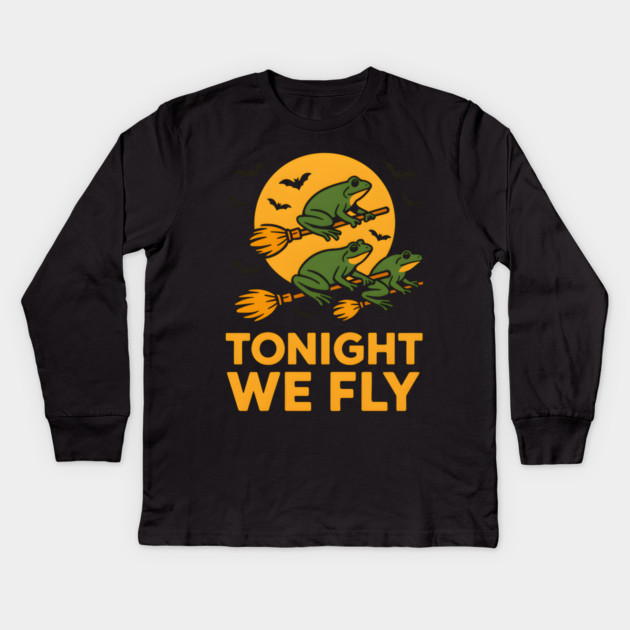 Tonight We Fly Funny Frog Halloween Artwork Kids Long Sleeve T-Shirt by MakerMind8.2