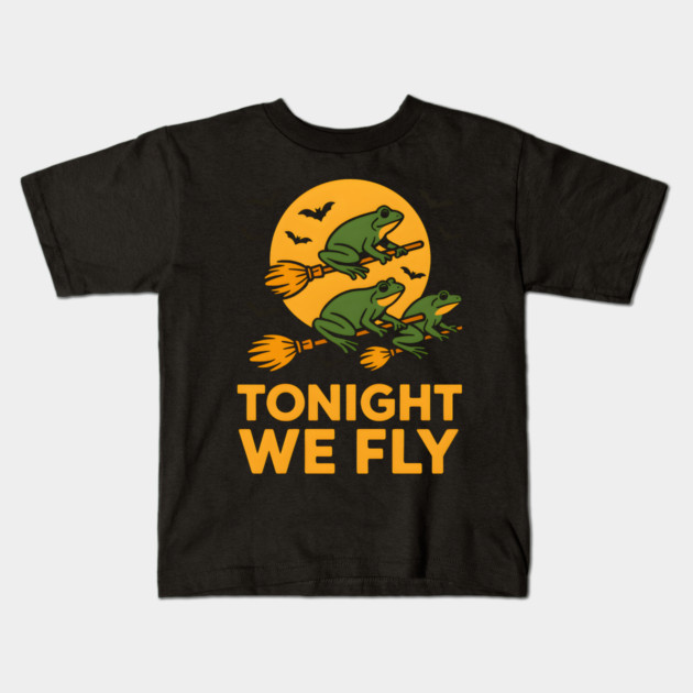 Tonight We Fly Funny Frog Halloween Artwork Kids T-Shirt by MakerMind8.2