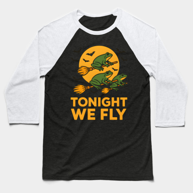 Tonight We Fly Funny Frog Halloween Artwork Baseball T-Shirt by MakerMind8.2
