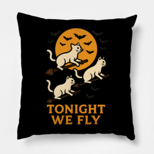 Tonight We Fly Funny Cat Halloween Artwork Pillow