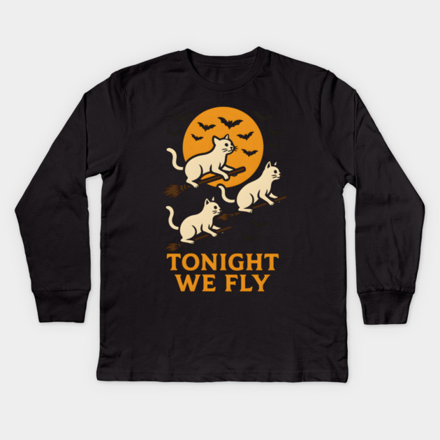 Tonight We Fly Funny Cat Halloween Artwork Kids Long Sleeve T-Shirt by MakerMind8.2