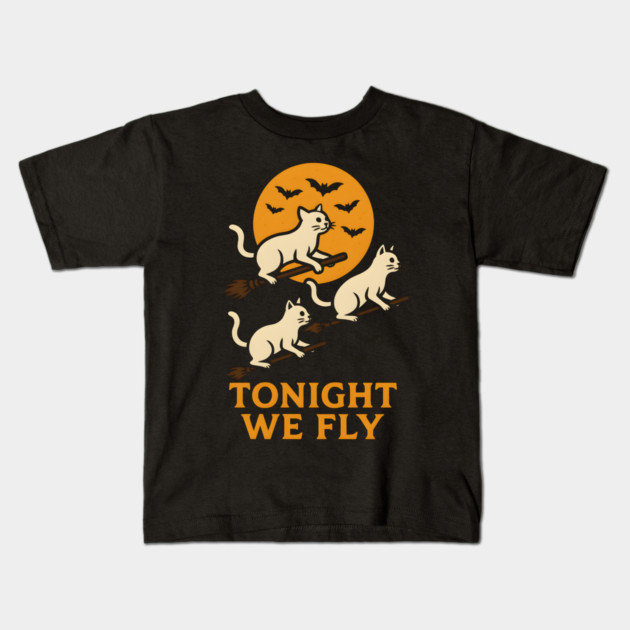 Tonight We Fly Funny Cat Halloween Artwork Kids T-Shirt by MakerMind8.2