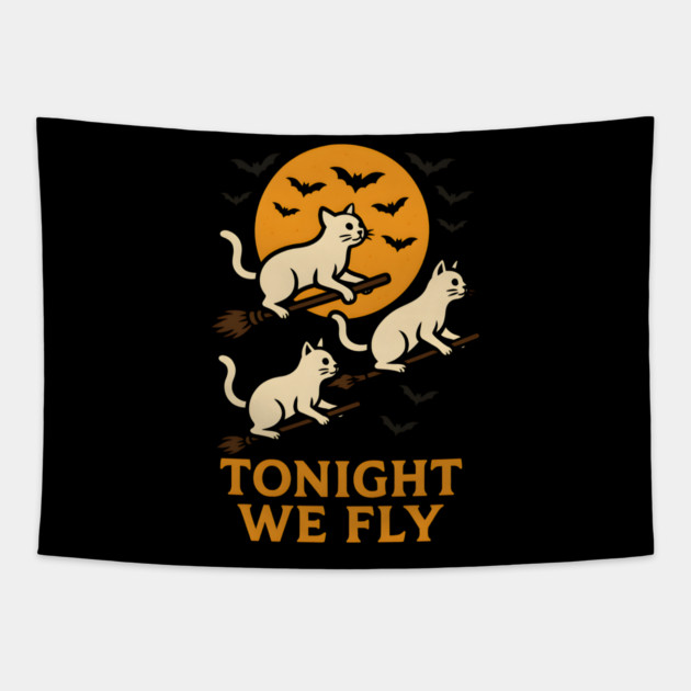 Tonight We Fly Funny Cat Halloween Artwork Tapestry by MakerMind8.2