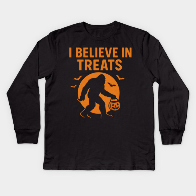I Believe in Treats Funny Bigfoot Halloween Artwork Kids Long Sleeve T-Shirt by MakerMind8.2