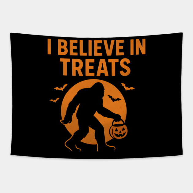 I Believe in Treats Funny Bigfoot Halloween Artwork Tapestry by MakerMind8.2